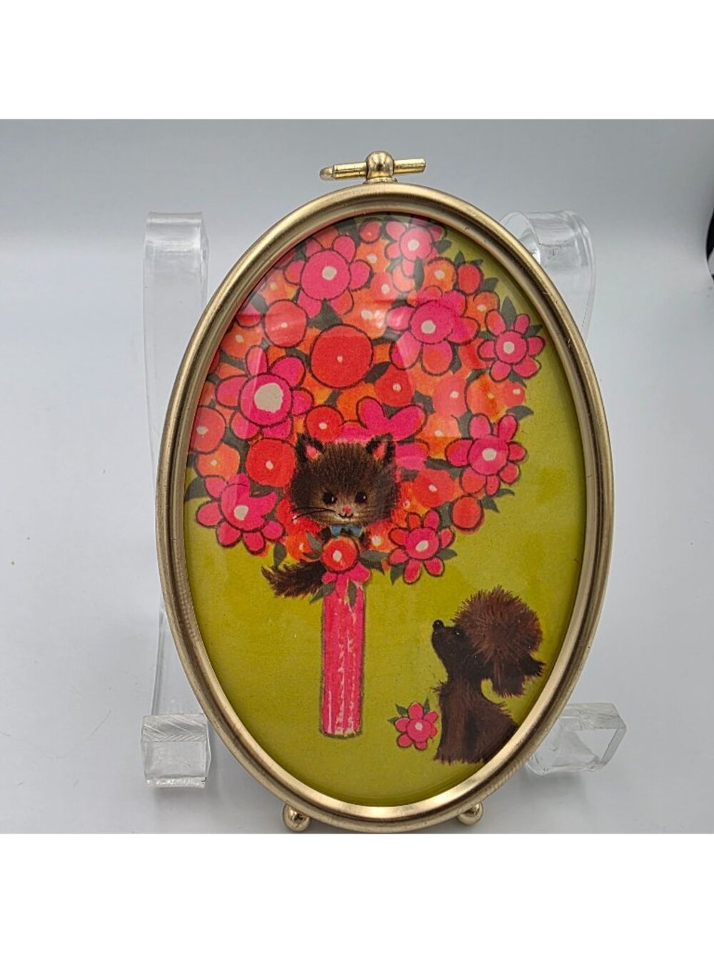 Oval Gold-Tone Metal Picture Frame 3" x 4.5" 1960s Floral Cat & Dog Convex Glass